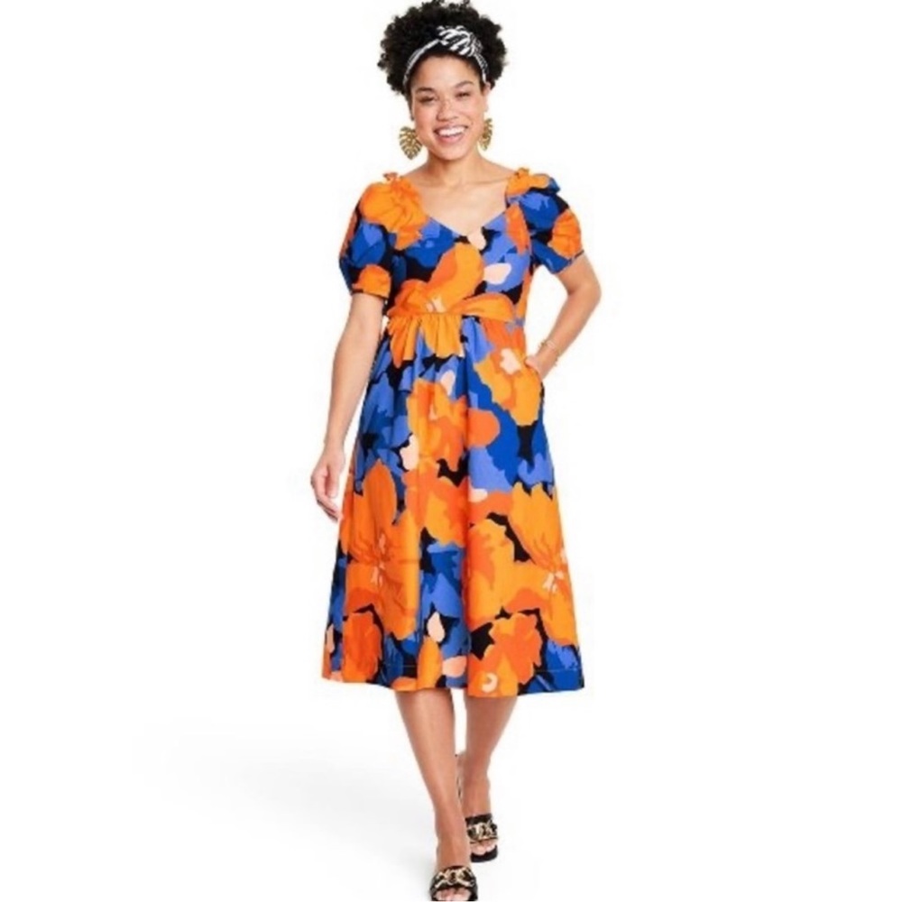 Last🤩Tabitha brown floral print puff sleeve tie-back midi dress